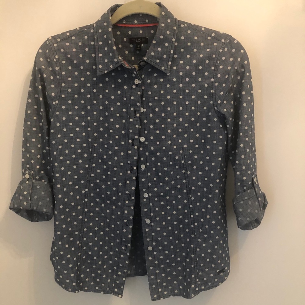 *SOLD* Talbots polka dot denim/chambray blouse